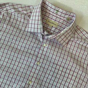 Tommy Bahama Shirt Men 18 34-35 Purple Plaid Cotton Button Up Long Sleeve Pocket